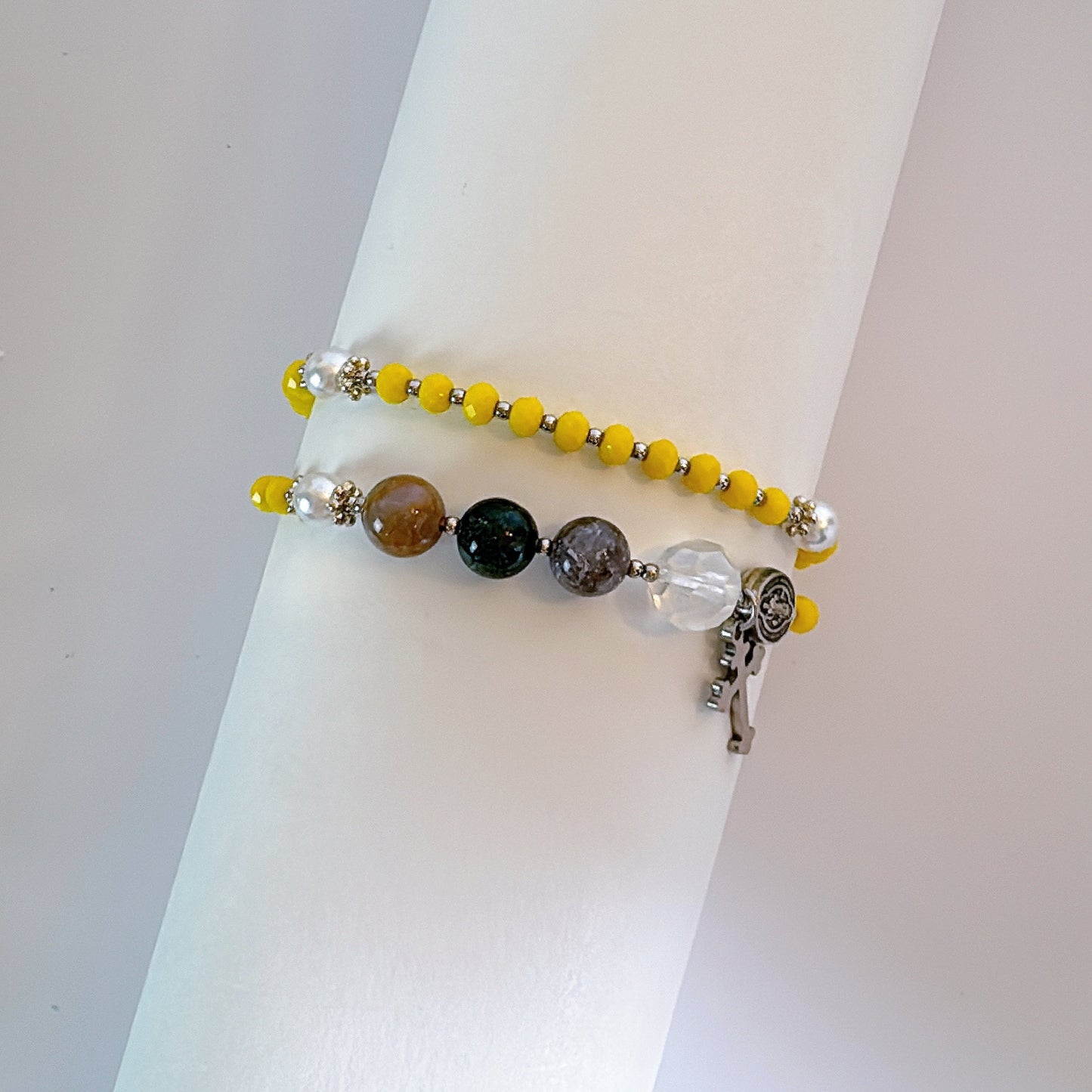 Yellow Opaque Crystal with Multi Jasper Rosary Bracelet