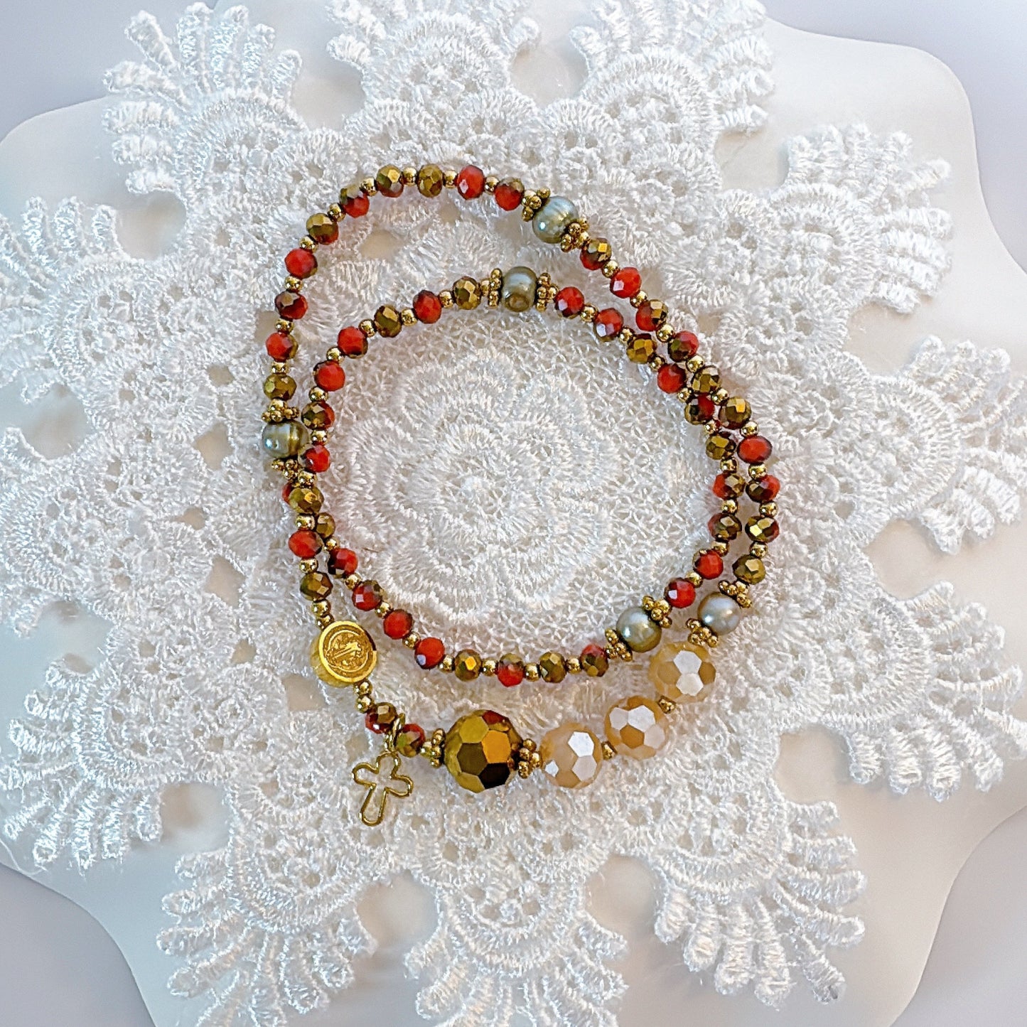 Golden Orange Crystal with Beige Crystal Rosary Bracelet