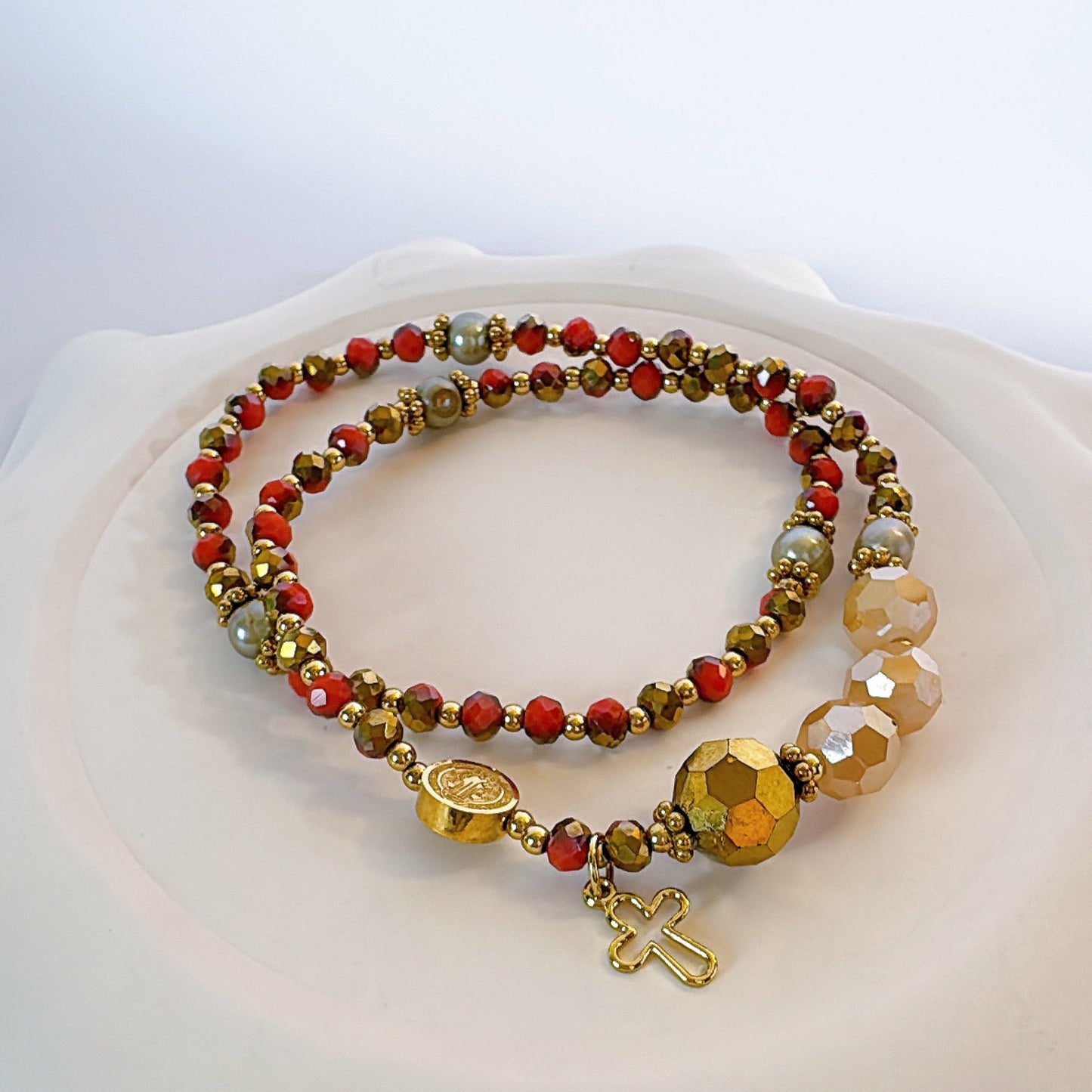 Golden Orange Crystal with Beige Crystal Rosary Bracelet