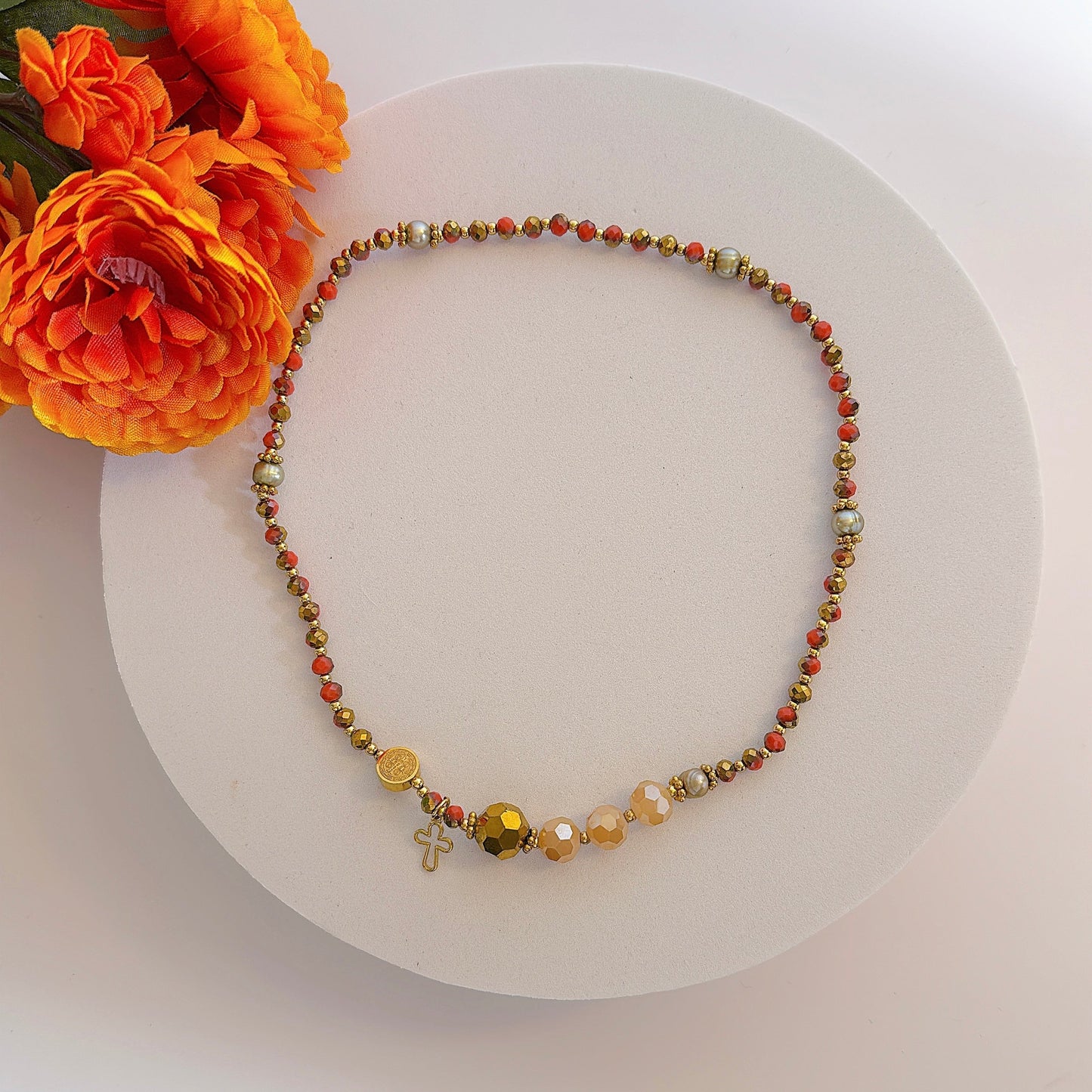 Golden Orange Crystal with Beige Crystal Rosary Bracelet