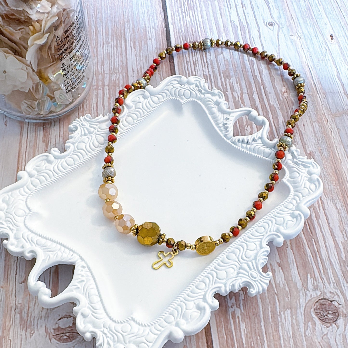 Golden Orange Crystal with Beige Crystal Rosary Bracelet