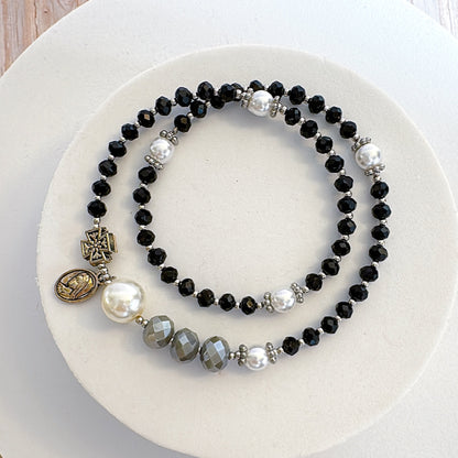 Black Crystal with Grey Opaque Crystal Rosary Bracelet