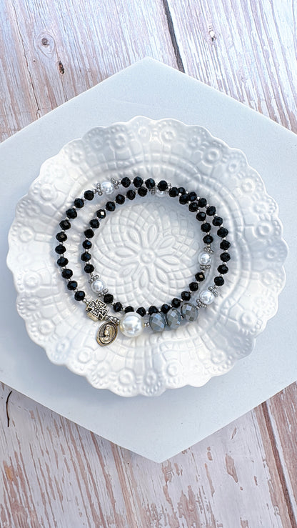 Black Crystal with Grey Opaque Crystal Rosary Bracelet