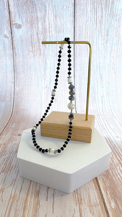 Black Crystal with Grey Opaque Crystal Rosary Bracelet