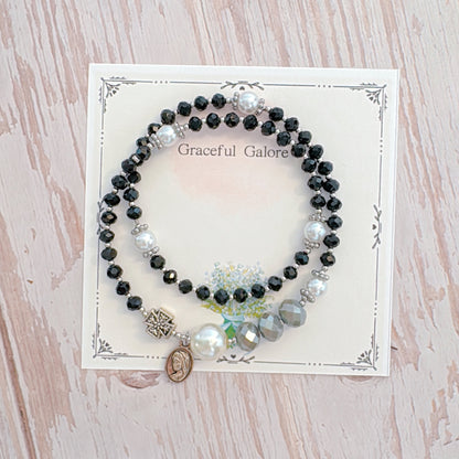 Black Crystal with Grey Opaque Crystal Rosary Bracelet