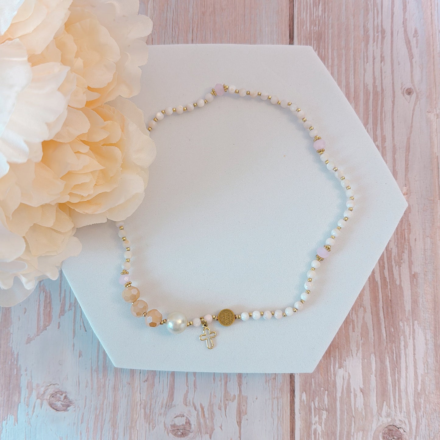 Marble Beads with Pink Beige Rosary Bracelet