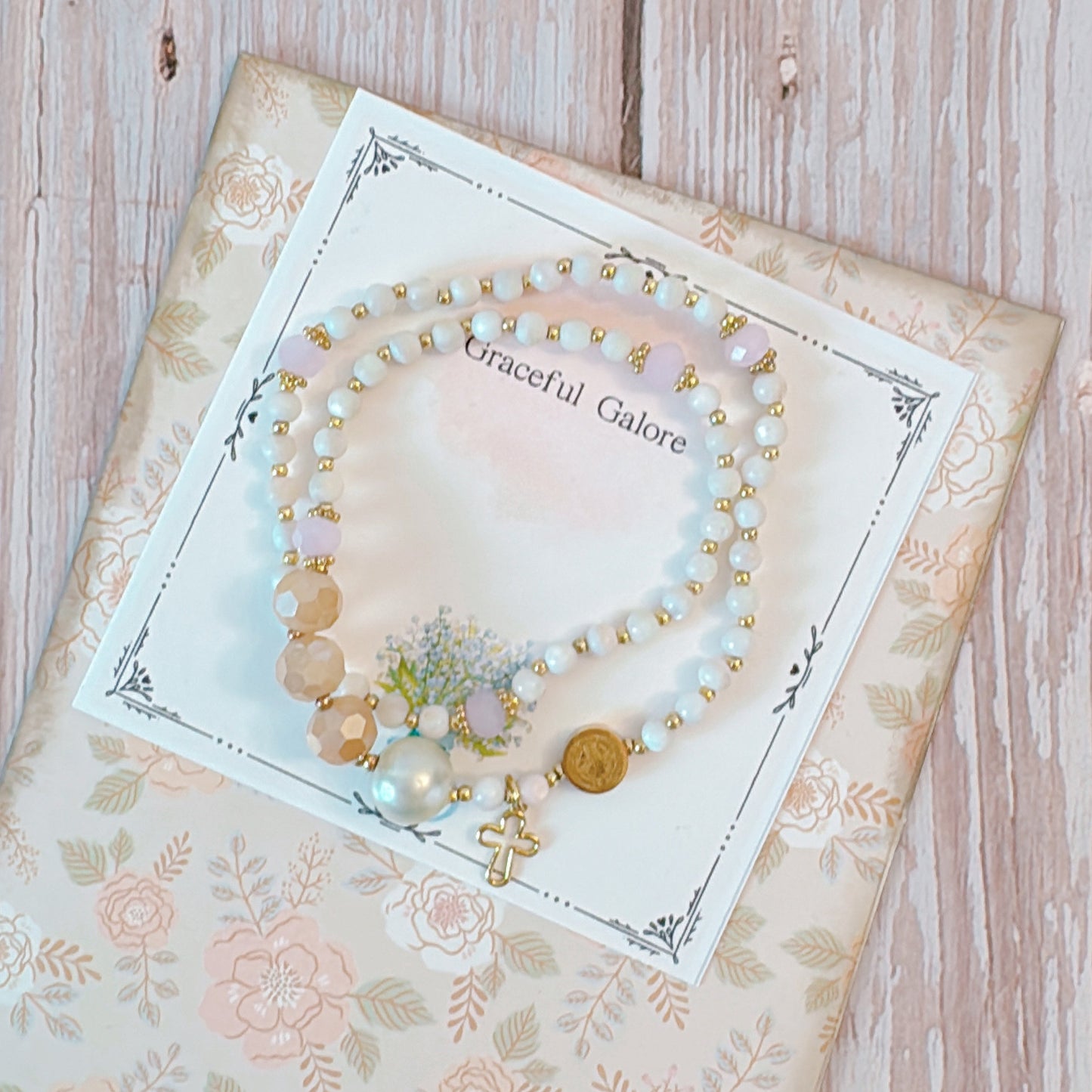 Marble Beads with Pink Beige Rosary Bracelet