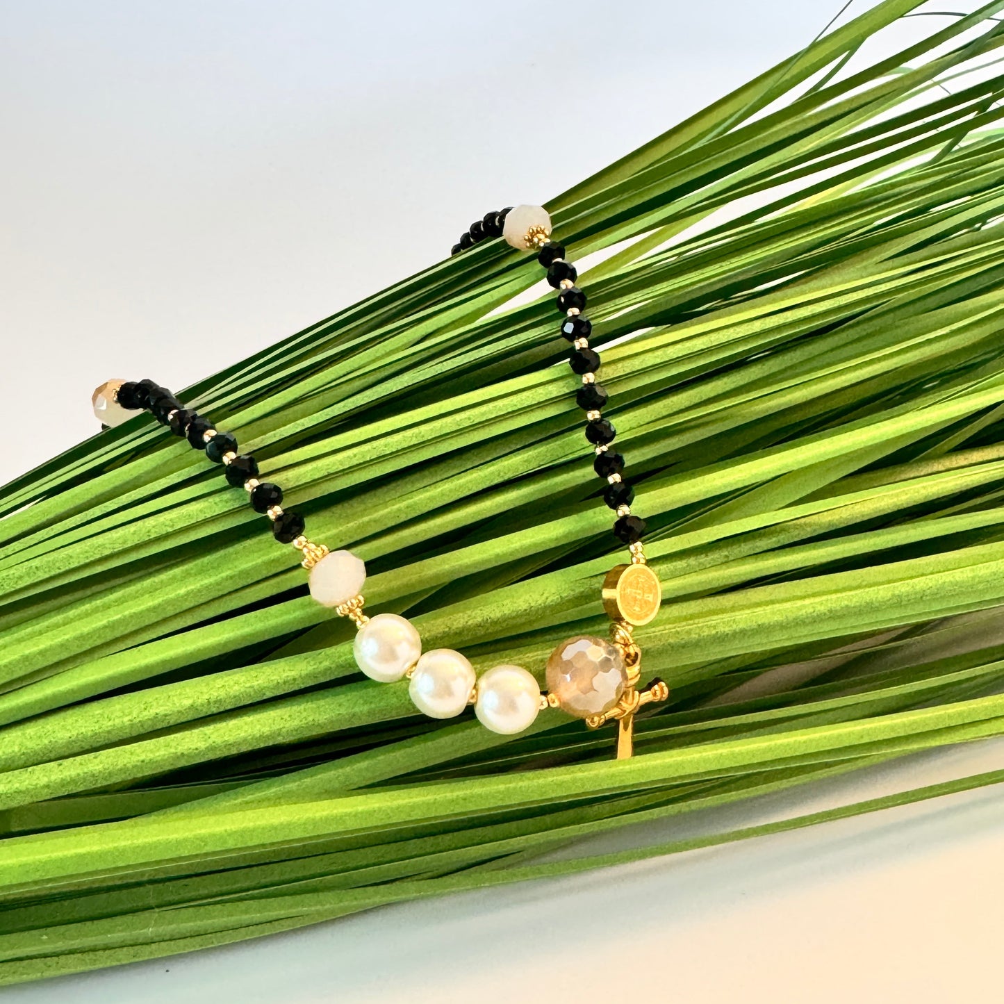 Black Crystal with Pearl Accent Rosary Bracelet