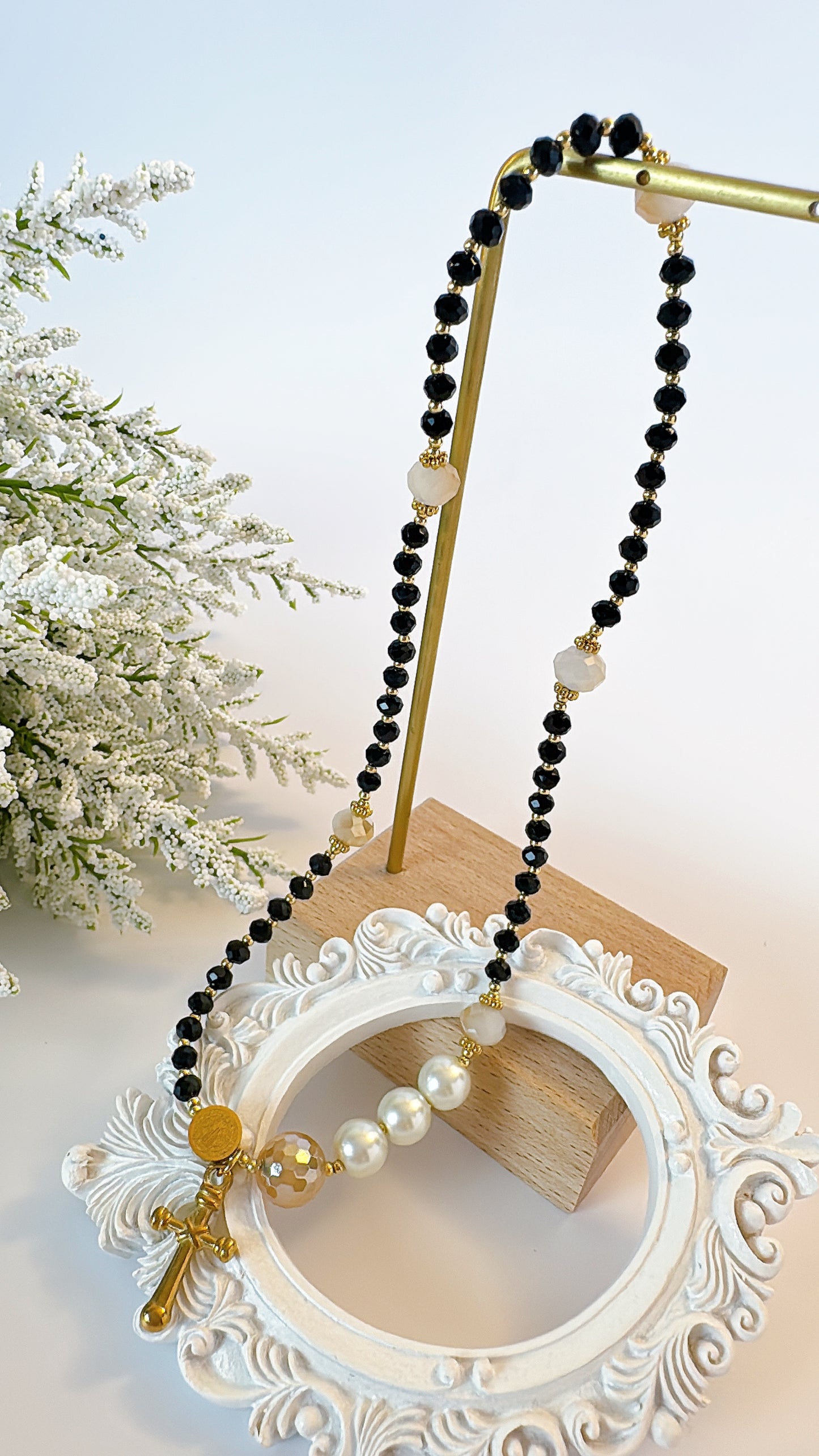 Black Crystal with Pearl Accent Rosary Bracelet