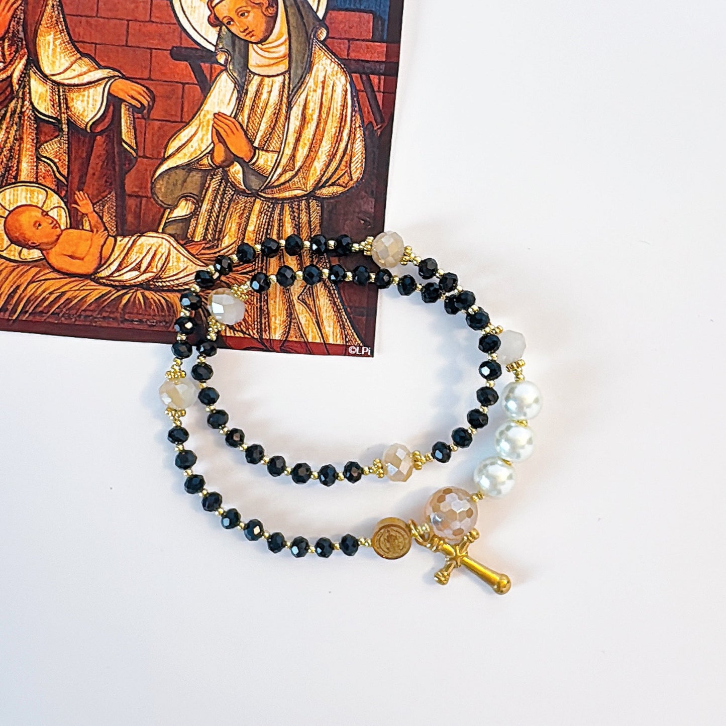 Black Crystal with Pearl Accent Rosary Bracelet