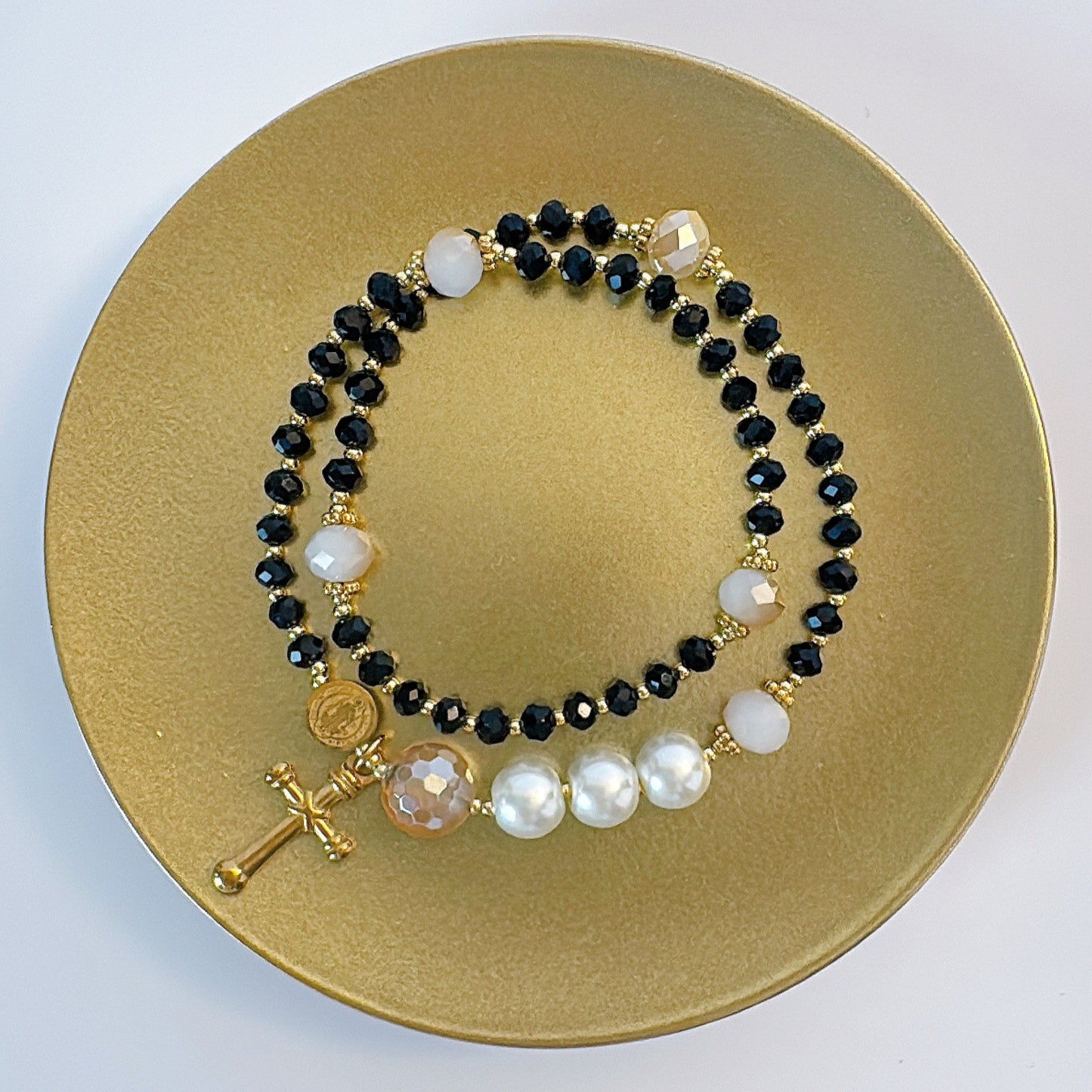 Black Crystal with Pearl Accent Rosary Bracelet