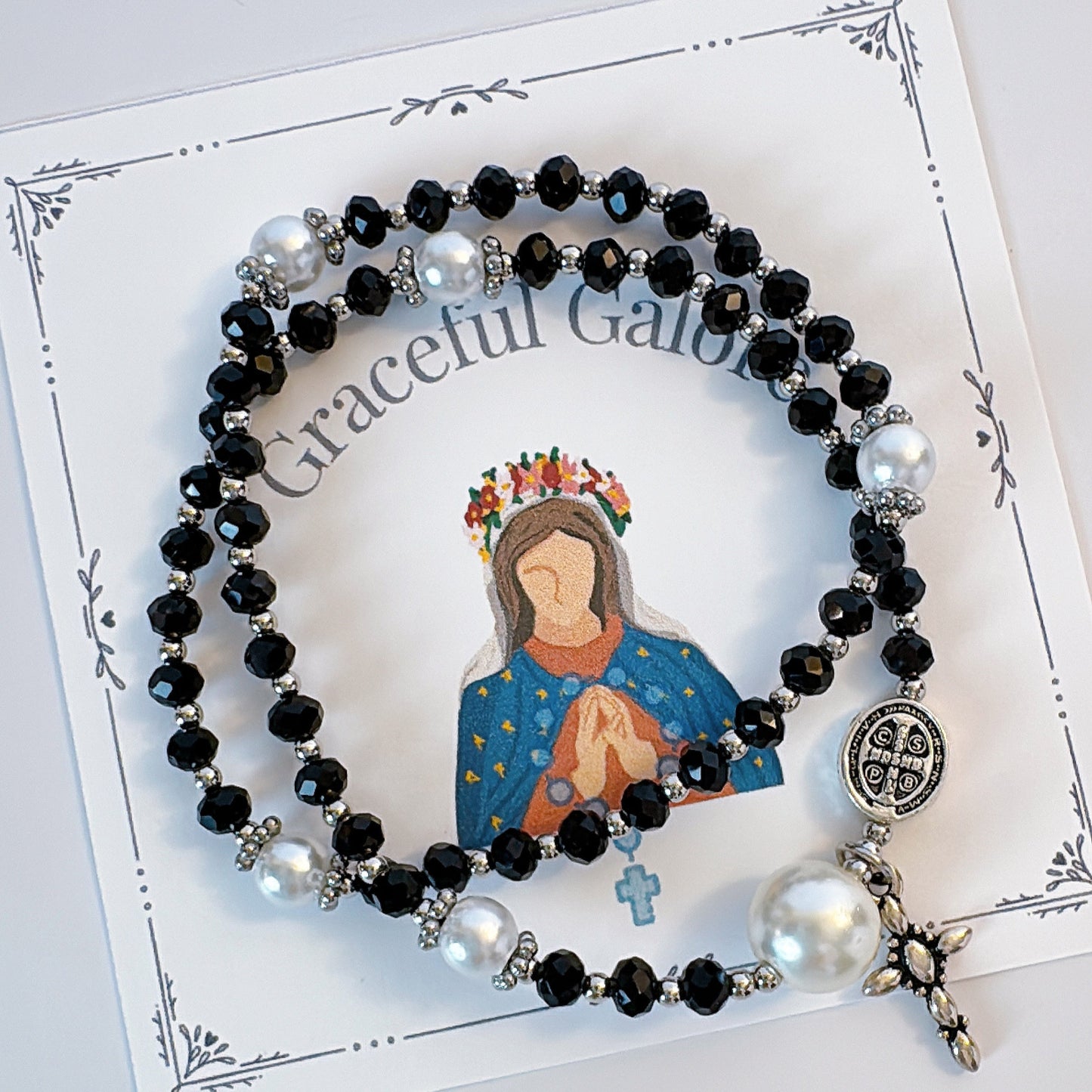 Simple Black Crystal Rosary Bracelet