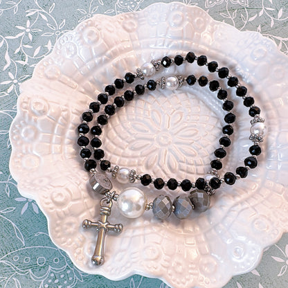 Black & Grey Crystal with Stainless Steel Cross Rosary Bracelet