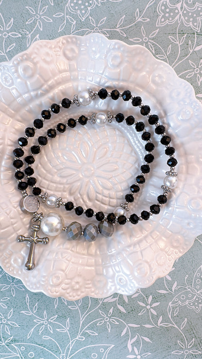 Black & Grey Crystal with Stainless Steel Cross Rosary Bracelet