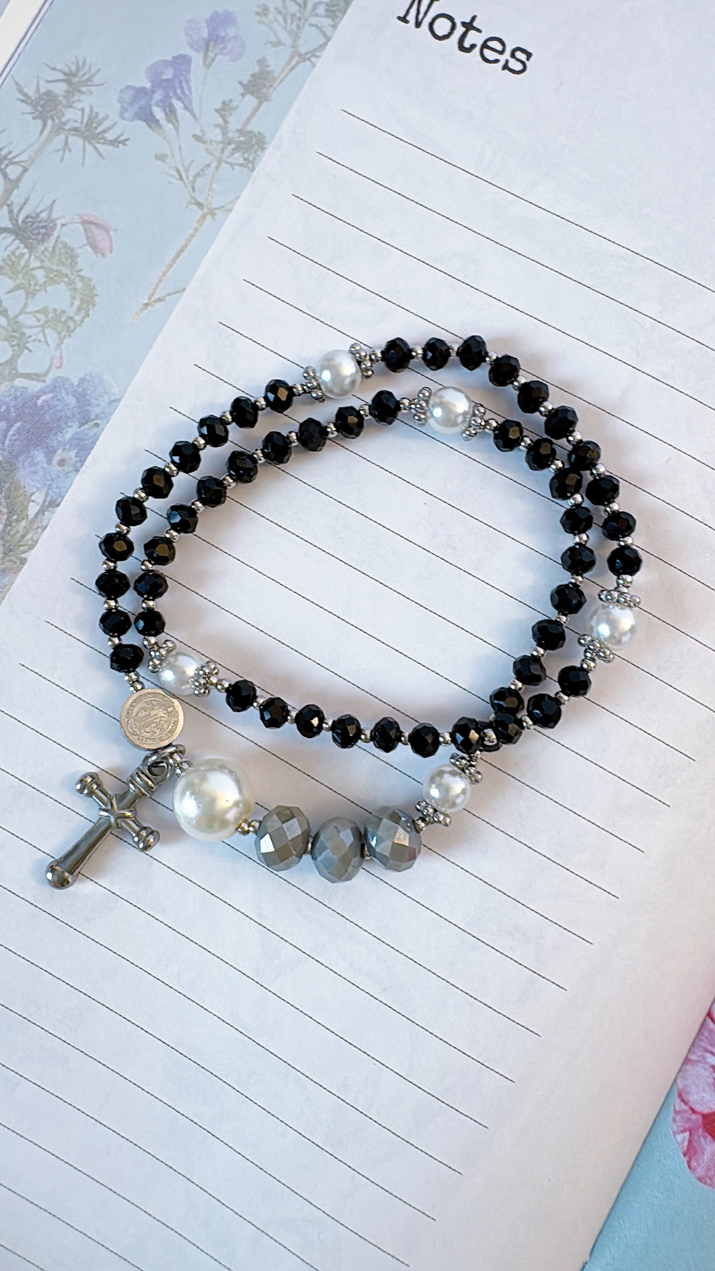 Black & Grey Crystal with Stainless Steel Cross Rosary Bracelet