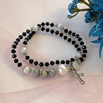 Black & Grey Crystal with Stainless Steel Cross Rosary Bracelet