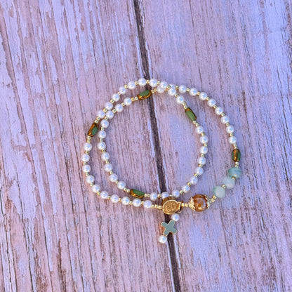 Pearl Beads with Green Gemstone Rosary Bracelet