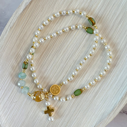 Pearl Beads with Green Gemstone Rosary Bracelet