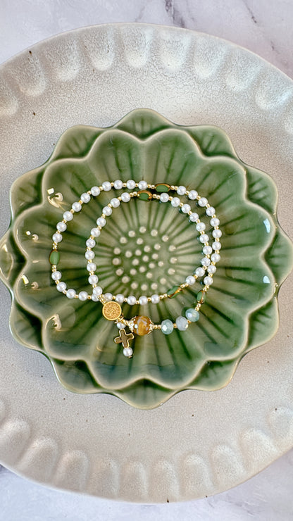 Pearl Beads with Green Gemstone Rosary Bracelet