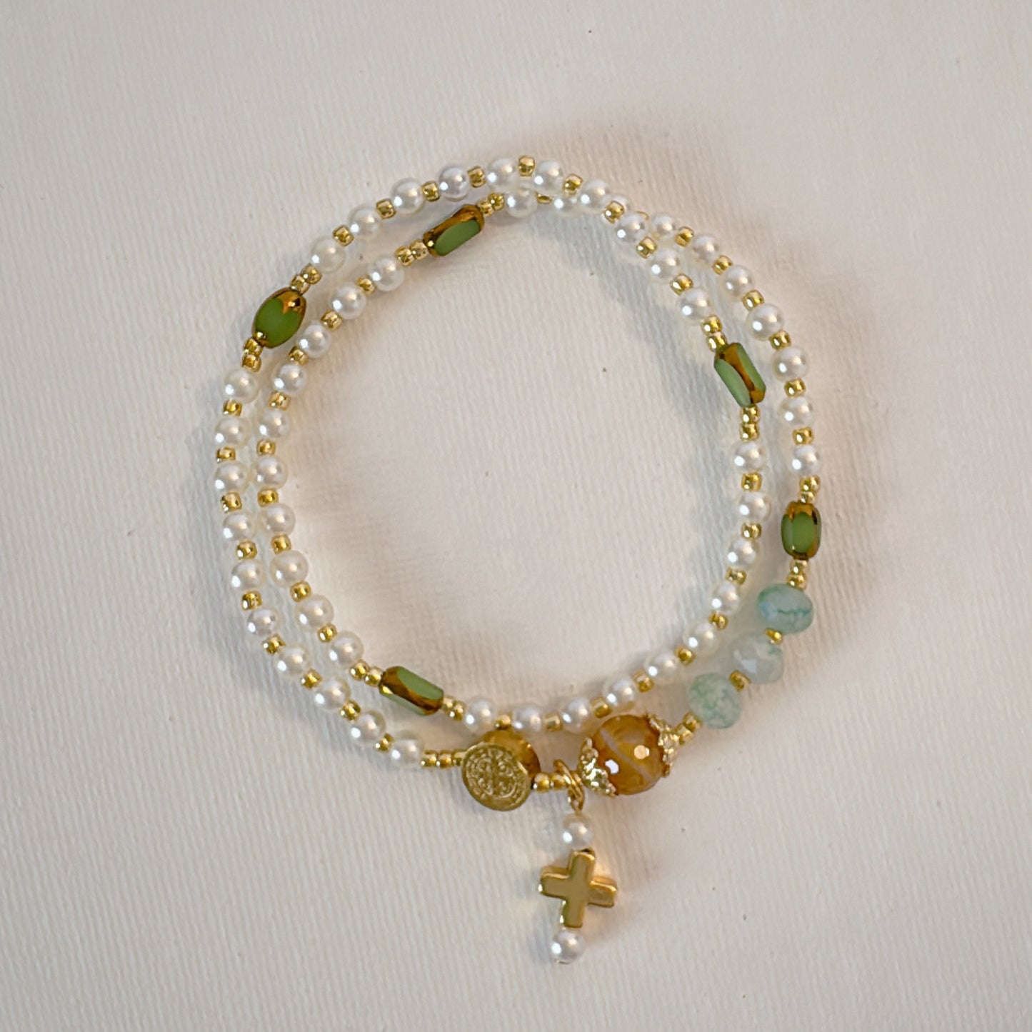 Pearl Beads with Green Gemstone Rosary Bracelet