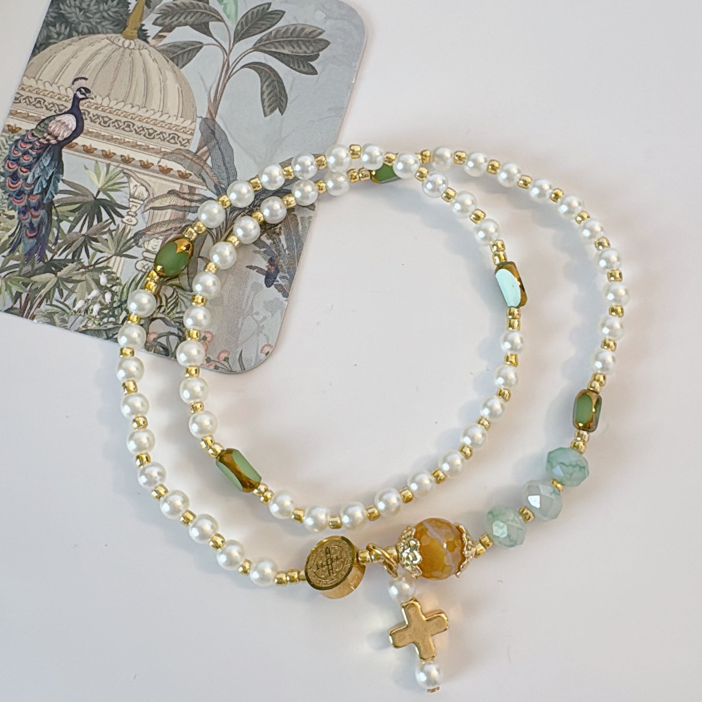 Pearl Beads with Green Gemstone Rosary Bracelet