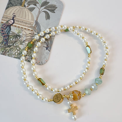 Pearl Beads with Green Gemstone Rosary Bracelet