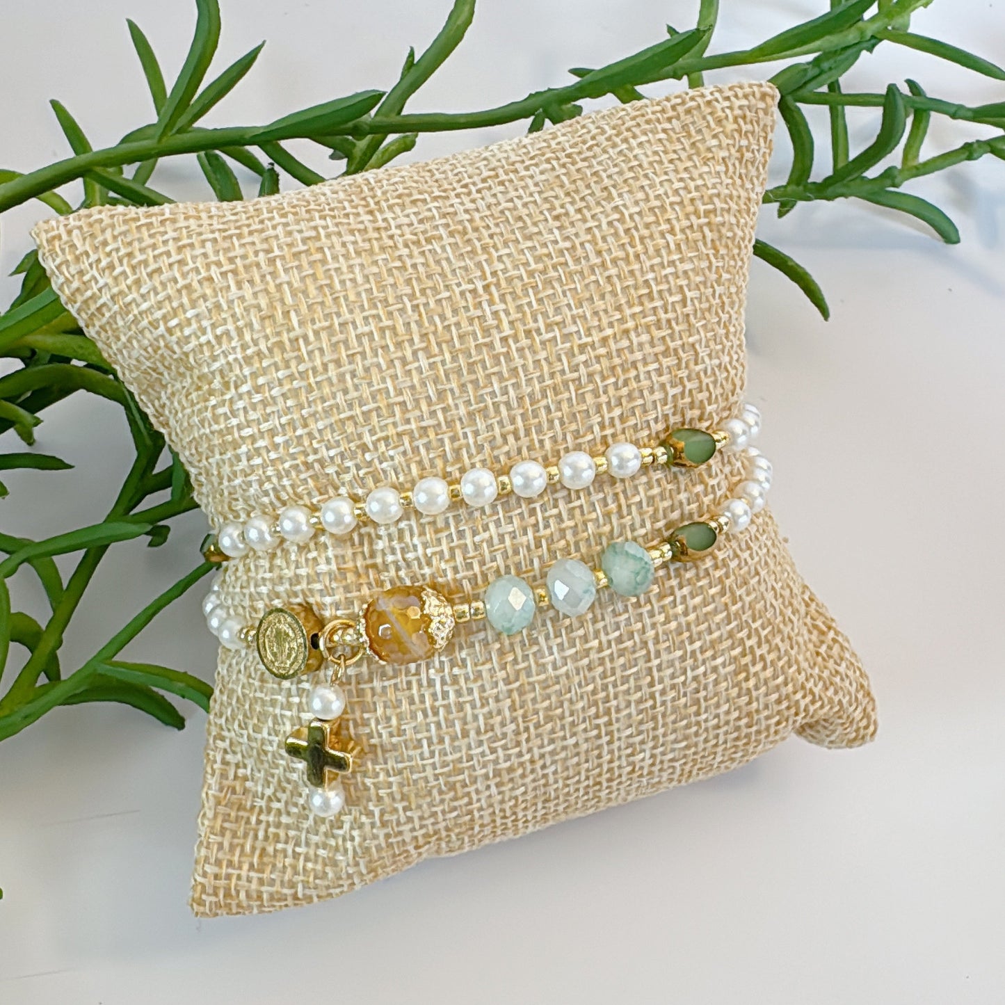 Pearl Beads with Green Gemstone Rosary Bracelet