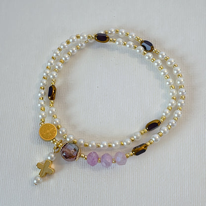 Pearl Beads with Purple Gemstone Rosary Bracelet