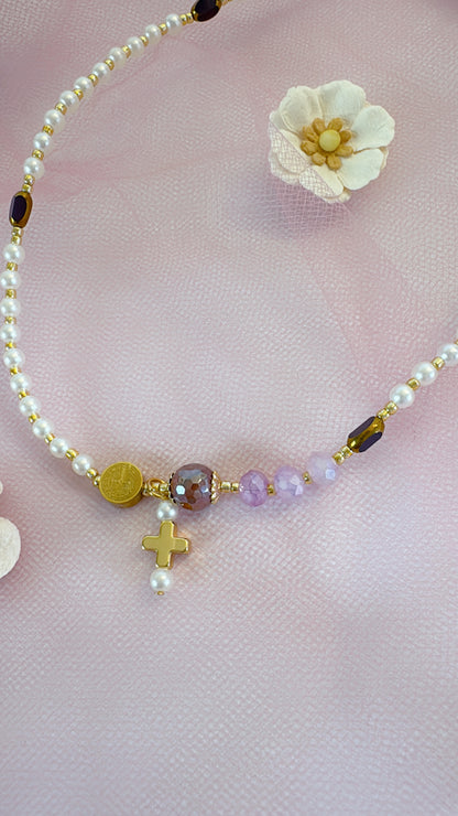 Pearl Beads with Purple Gemstone Rosary Bracelet