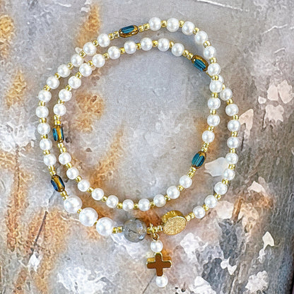 Pearl Beads with Clear Blue Crystal Rosary Bracelet