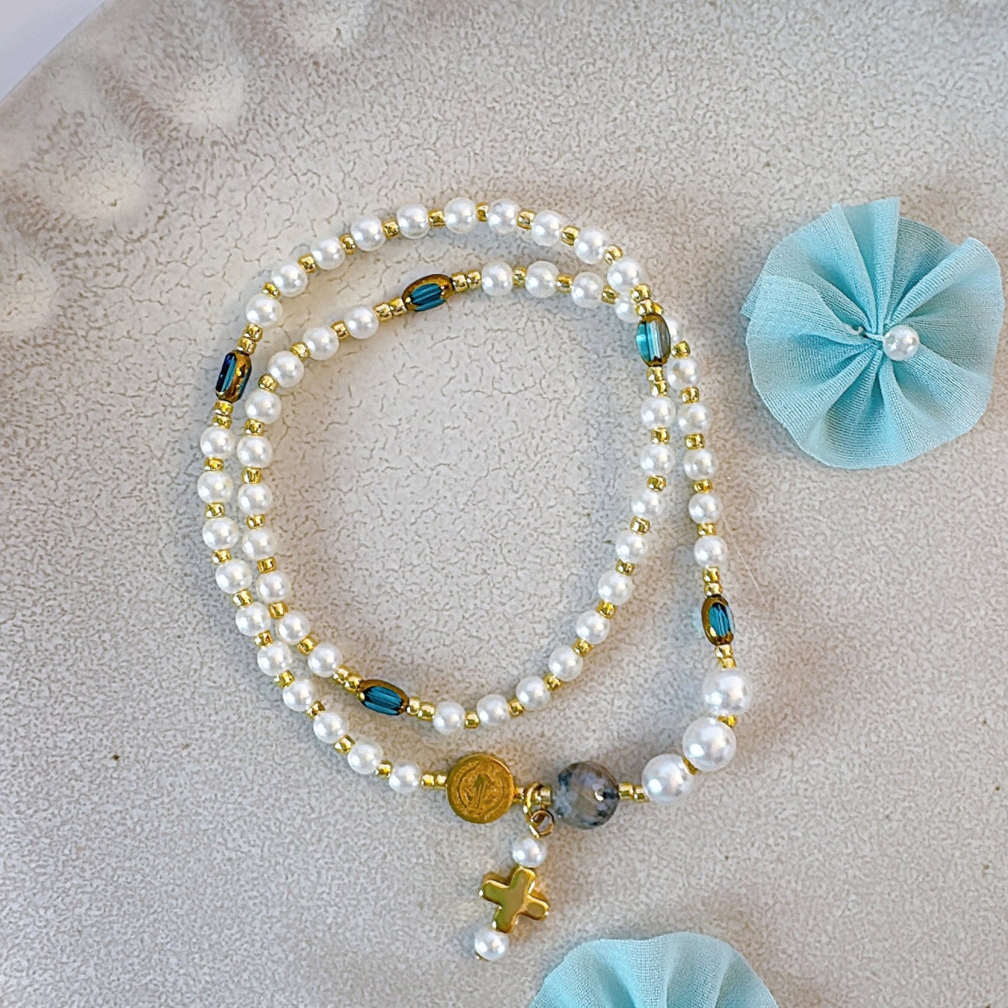 Pearl Beads with Clear Blue Crystal Rosary Bracelet