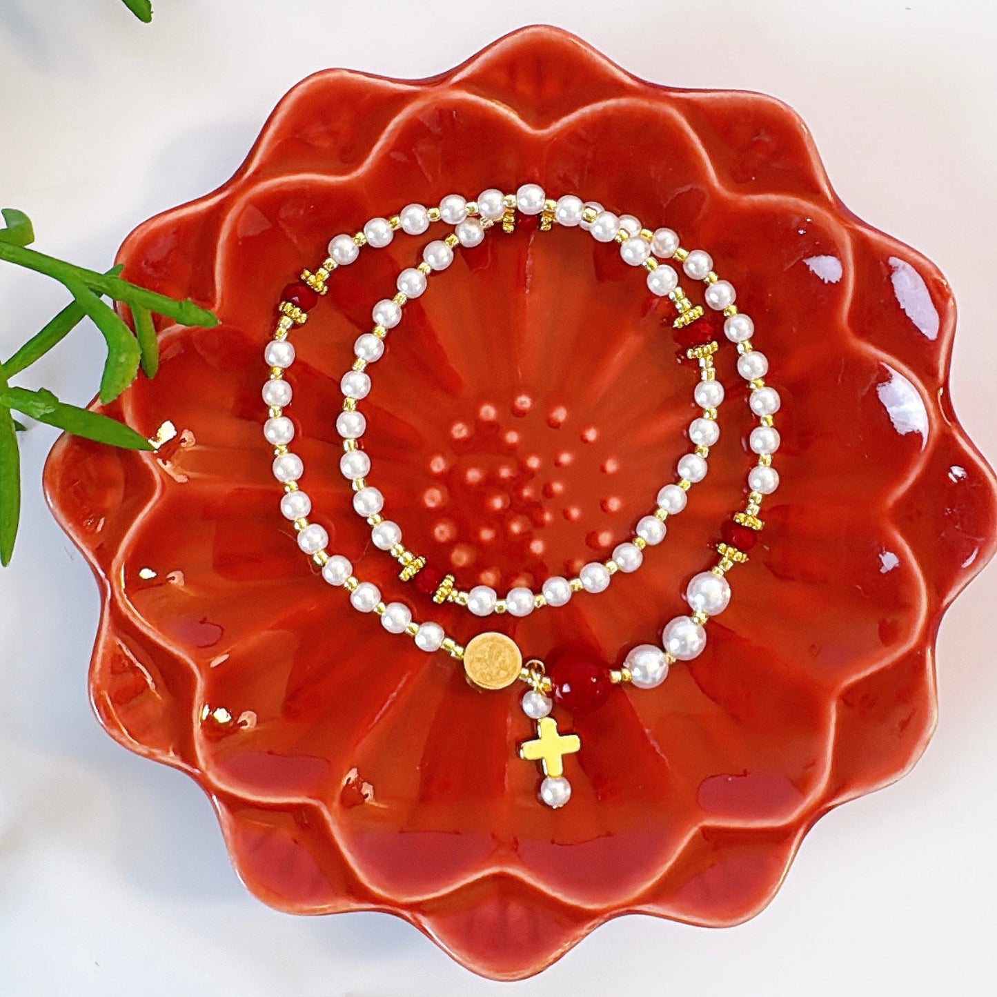 Pearl Beads with Red Crystal Rosary Bracelet