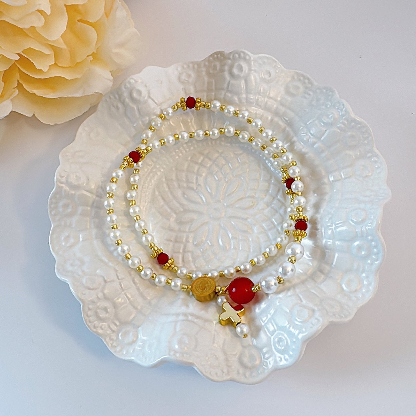 Pearl Beads with Red Crystal Rosary Bracelet