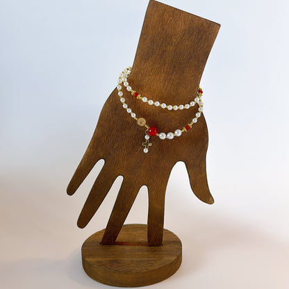 Pearl Beads with Red Crystal Rosary Bracelet