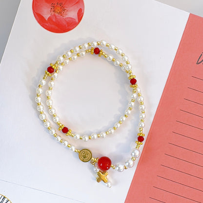 Pearl Beads with Red Crystal Rosary Bracelet