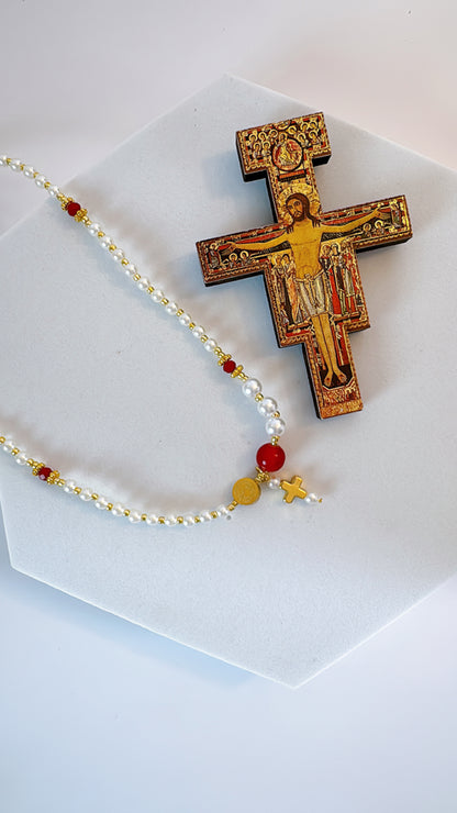 Pearl Beads with Red Crystal Rosary Bracelet