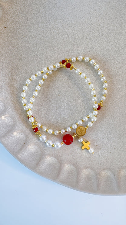 Pearl Beads with Red Crystal Rosary Bracelet