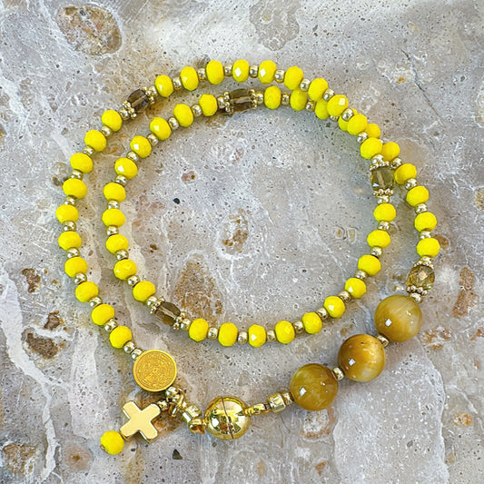 Yellow Opaque Crystal with Tiger Eyes Magnetic Rosary Bracelet