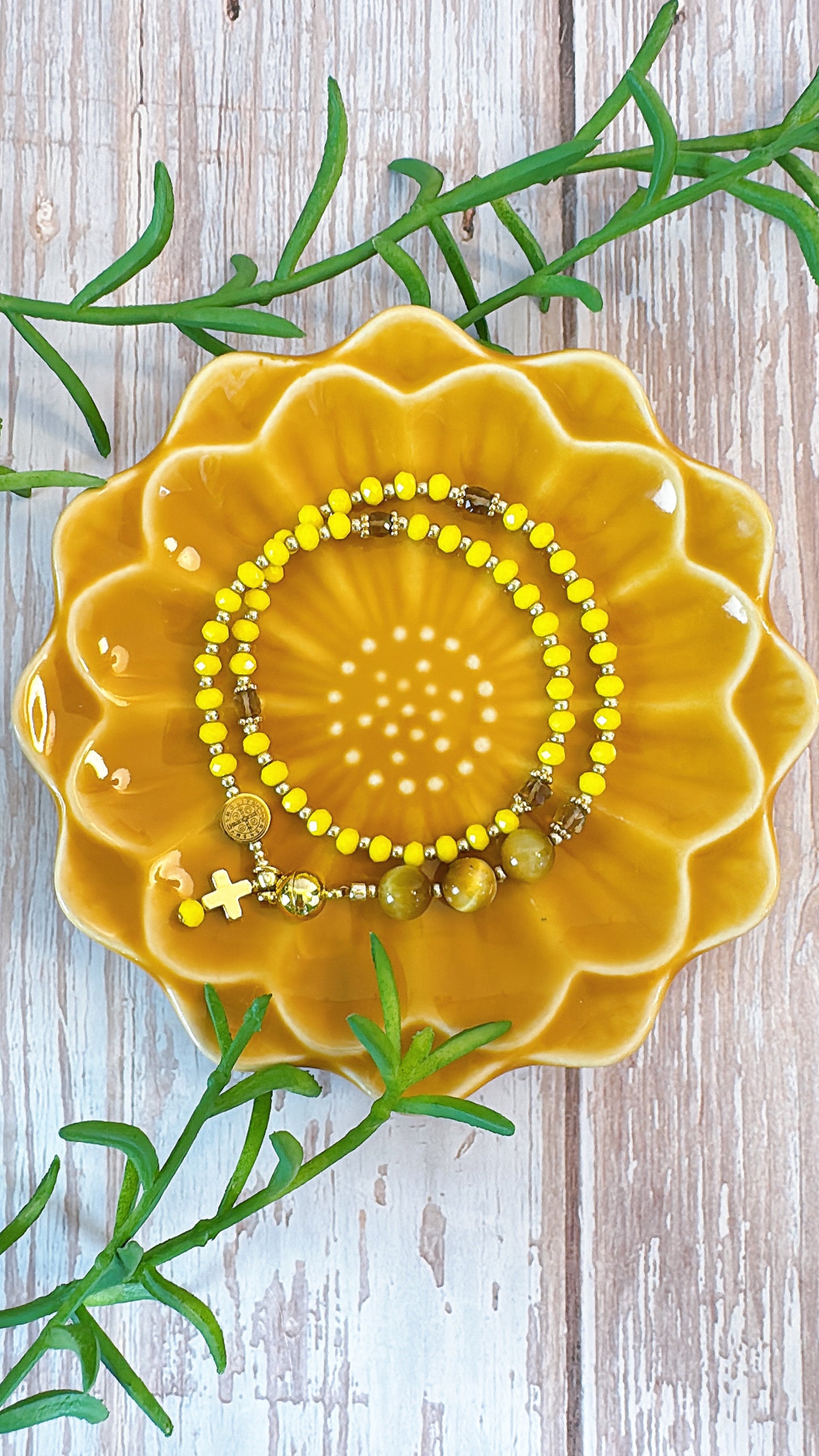 Yellow Opaque Crystal with Tiger Eyes Magnetic Rosary Bracelet