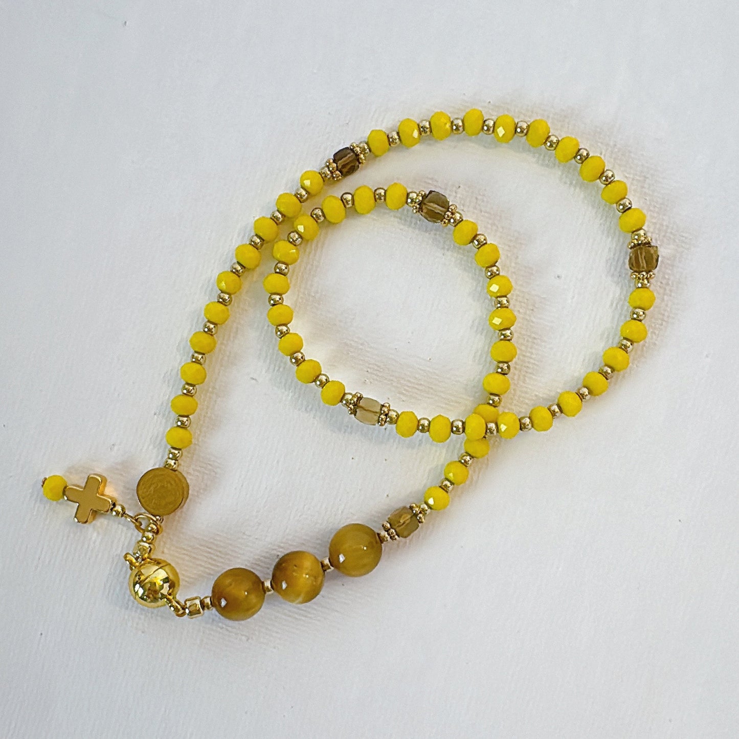 Yellow Opaque Crystal with Tiger Eyes Magnetic Rosary Bracelet