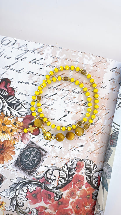 Yellow Opaque Crystal with Tiger Eyes Magnetic Rosary Bracelet