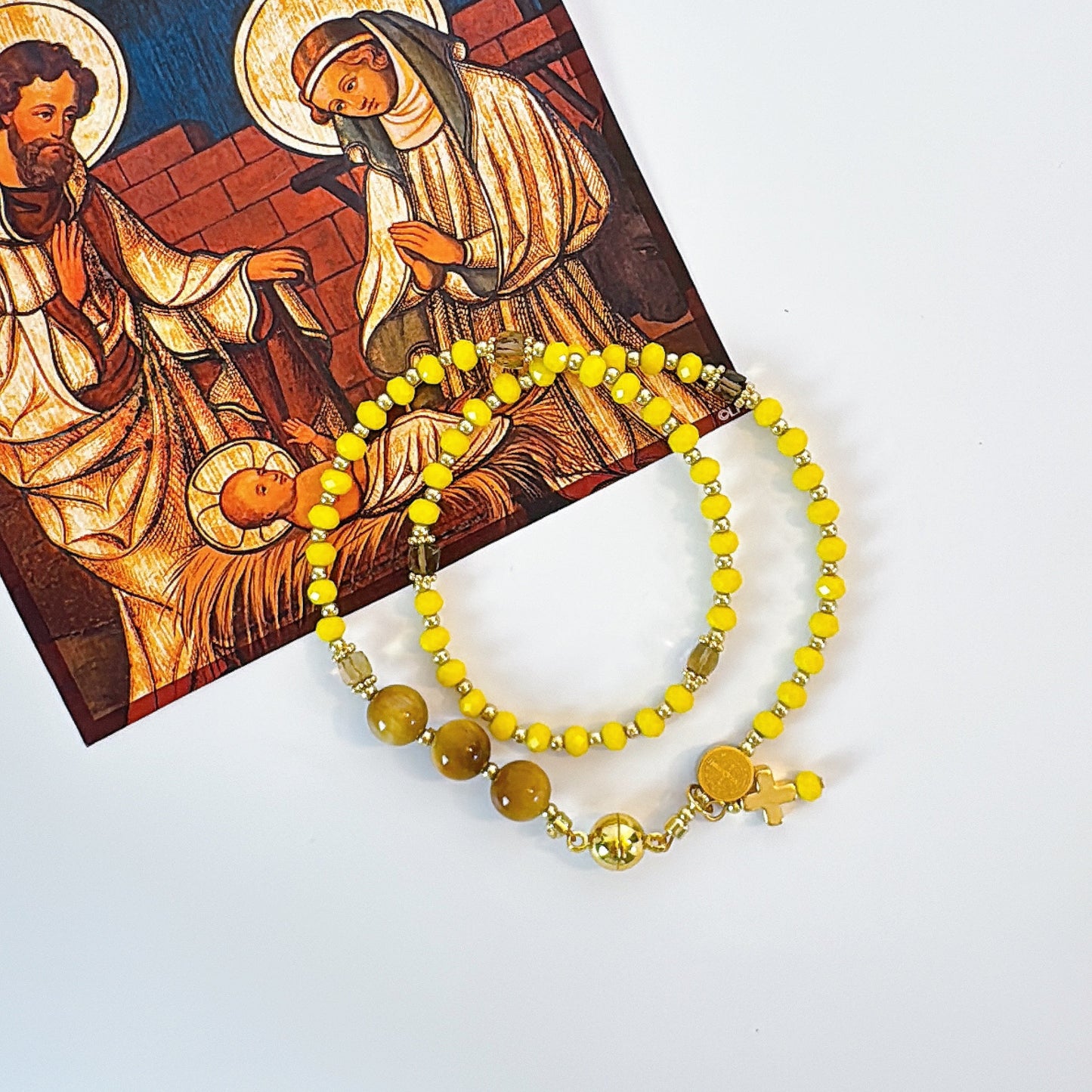 Yellow Opaque Crystal with Tiger Eyes Magnetic Rosary Bracelet