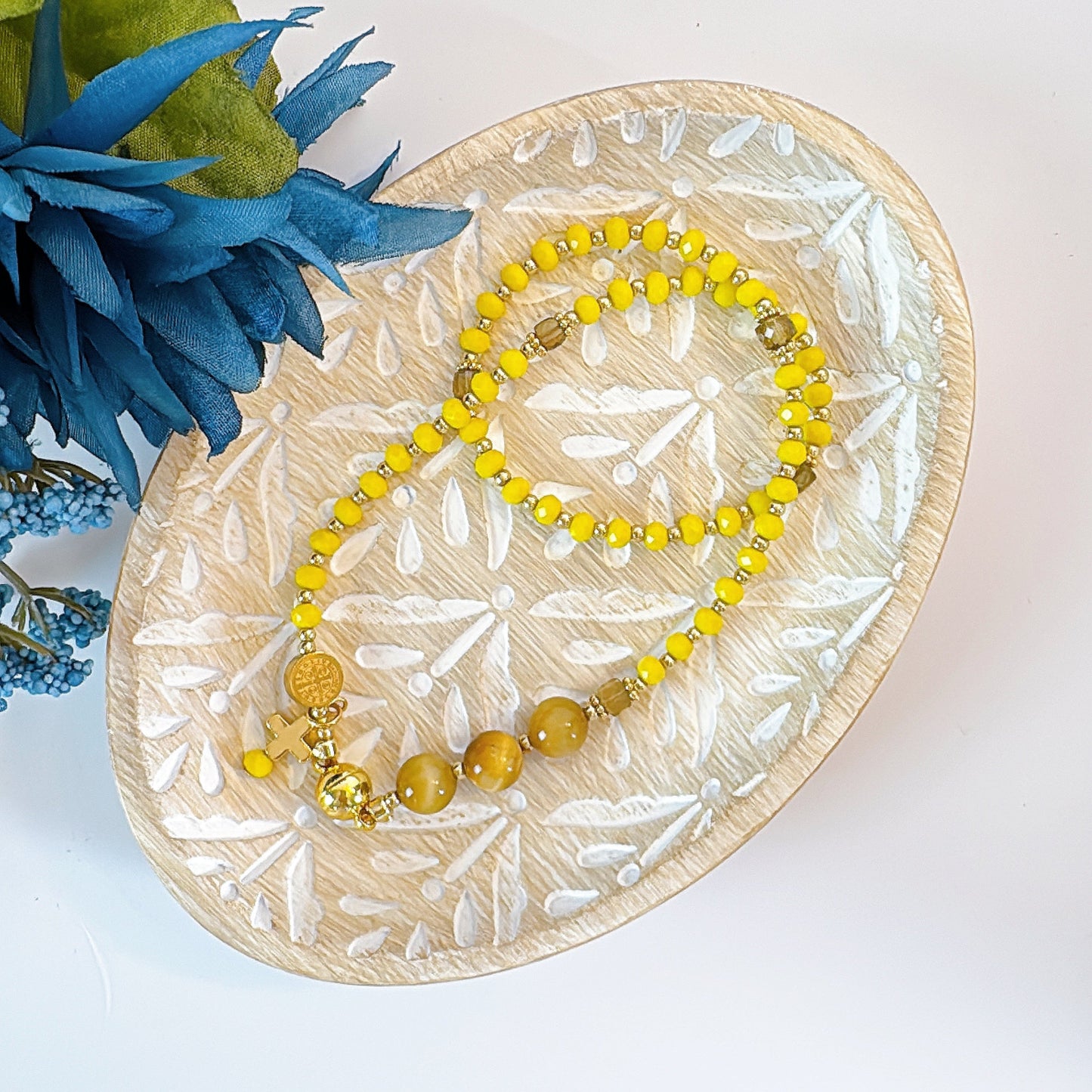 Yellow Opaque Crystal with Tiger Eyes Magnetic Rosary Bracelet