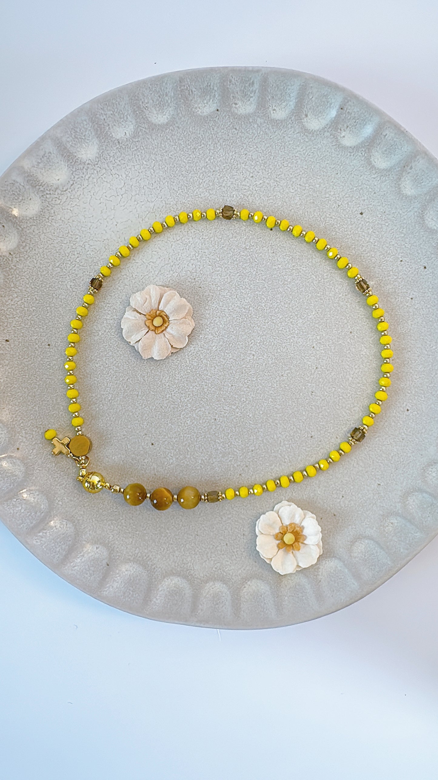 Yellow Opaque Crystal with Tiger Eyes Magnetic Rosary Bracelet