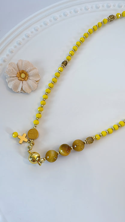 Yellow Opaque Crystal with Tiger Eyes Magnetic Rosary Bracelet