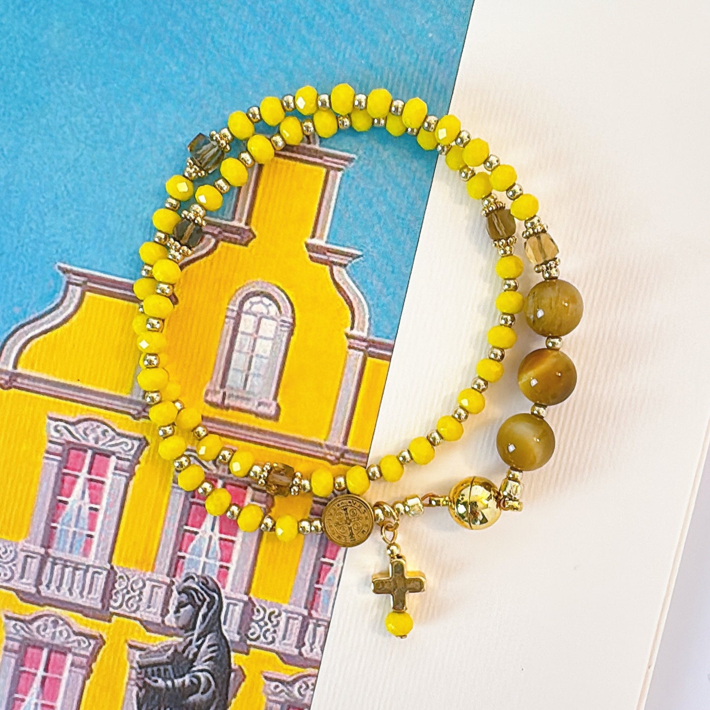 Yellow Opaque Crystal with Tiger Eyes Magnetic Rosary Bracelet