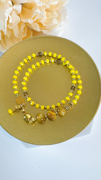 Yellow Opaque Crystal with Tiger Eyes Magnetic Rosary Bracelet