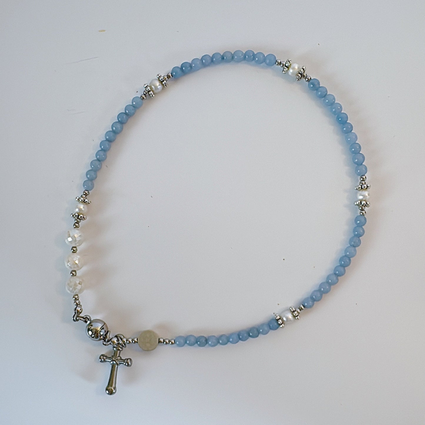 Light Blue Angelite with White Moonstone Magnetic Rosary Bracelet