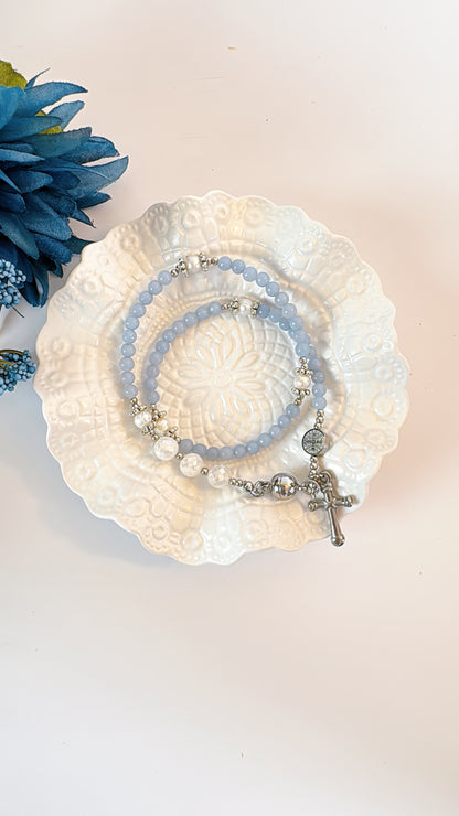 Light Blue Angelite with White Moonstone Magnetic Rosary Bracelet