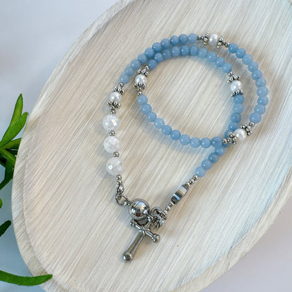 Light Blue Angelite with White Moonstone Magnetic Rosary Bracelet